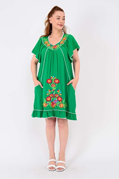 Marjinal Women's Floral Embroidered Loose Cut Green Summer Dress
