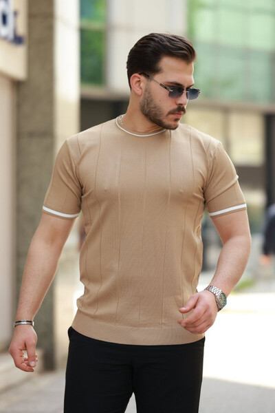 Efnaz style تيشيرت رجالي بأكمام قصيرة وياقة دائرية ونمط مضلع - مقاس L - ذهبي
