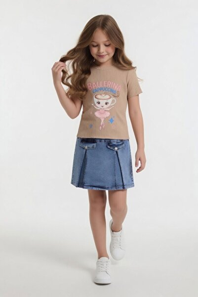 Cansın Mini Beige Ballerina Patterned Badili Jean Skirt Girls' 2-Piece Set 24564