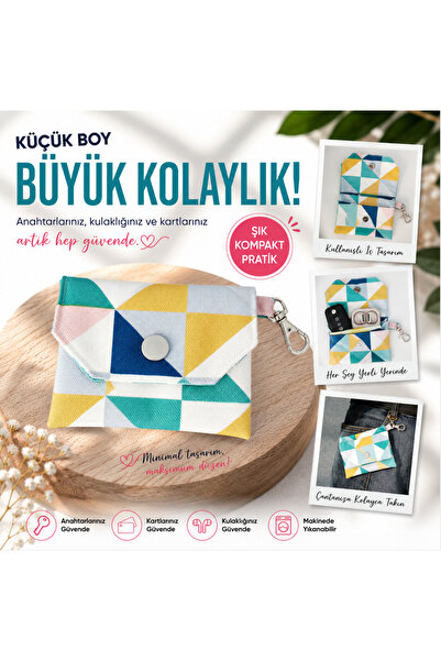 Tasarım Renkli Üçgen Premium Keten Kumaş Anahtarlıklı Mini Cüzdan Kartlık 11 ...