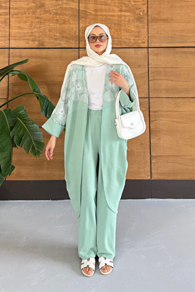 Miss Allos Women's Tulle Floral Embroidered Bat Sleeve Linen Suit