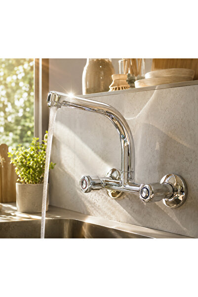 ELMİNA ARMATUR Classic Wall Mounted Sink Faucet Chrome Kitchen Tap Sink Mixer