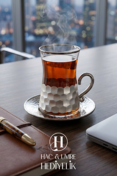 HUH Hac & Umre Hediyelik Kulplu Platin Çay Bardak Seti | 6 Kişilik Çay Takımı...