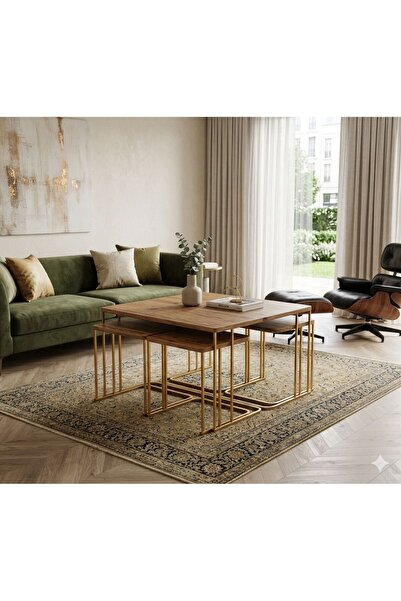 ERYALUX HOME 4+1 ORTA SEHPA TAKIMI GOLD METAL-ATLANTİK ÇAM TABLA ZİGON SEHPA ...