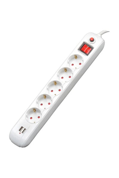 Spacer PP-5-18 Prelungitor USB 5 prize Schuko 2 porturi USB Protecție 16A Alb