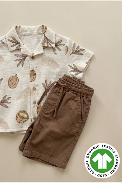 Mtcbaby 100% Cotton Muslin Shirt Gabardine Pocket Shorts Set 3-6 Years Brown