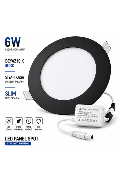 Voltek 6W LED Panel Spot Siyah Kasa Beyaz Işık Sıva Altı Yuvarlak Spot Armatür