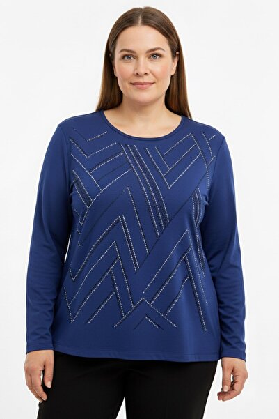 hadiora Women's Blue Stone Detailed Combed Cotton Blouse