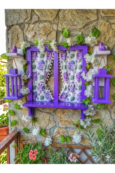 buraxe Mor ahşap pencere ve fener set,balkon bahçe dekoru,ayrıntılar açıklama...