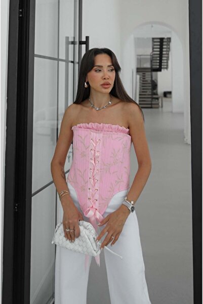 Havoş Bluză corset cu model și detaliu panglică roz