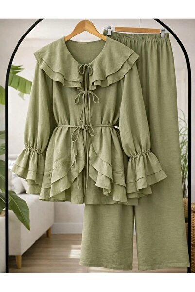 MODA VEDAT Women's Collar Sleeve Detailed Waist Drawstring Pants Set -0750 (S...