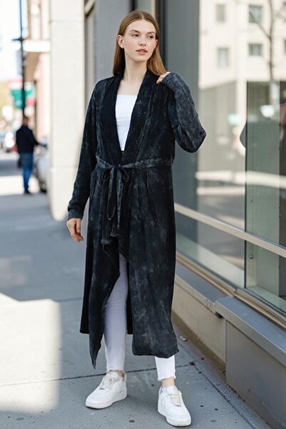 SHOPPEBUTİK Women's Shawl Collar Belted Long Pocketed Loose Cotton Knitwear C...