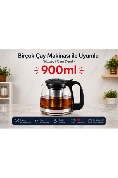 Kitchen Line Heat Resistant Black Color Glass Teapot with Strainer – Transpar...