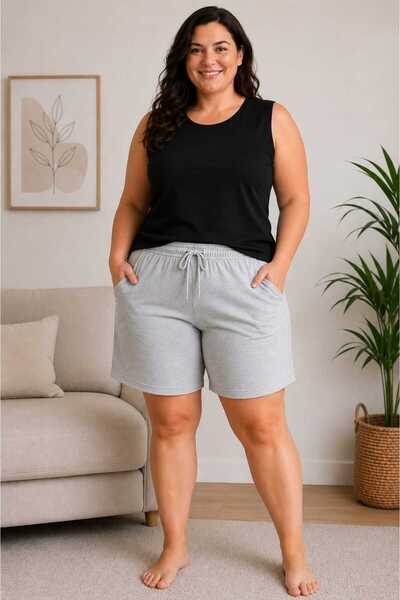 HEAVEN WEAR 2-Piece Set for Women in Plus Size Gray and Black Sleeveless T-Sh...
