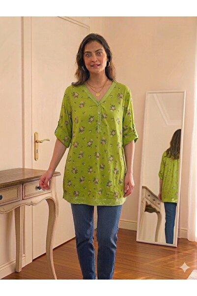 AYASOFYA OTANTIK Women's Italian Oil Green Sequin Buttoned Collar Crisp Rose ...