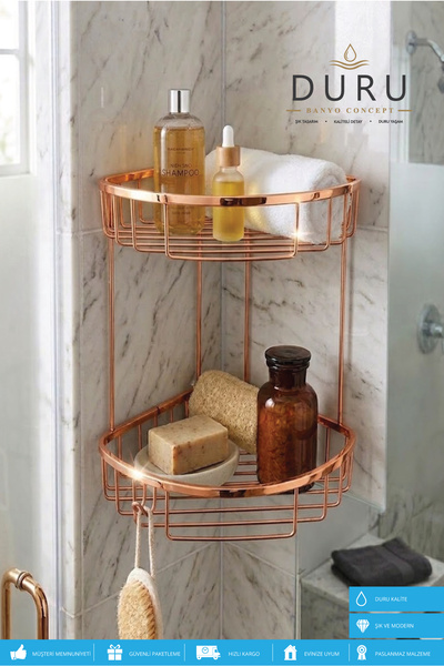 DURUBANYOCONCEPT PRİNÇ ROSE BAKIR KAPLAMA BANYO KÖŞE RAFI ŞAMPUANLIK İKİ KATLI