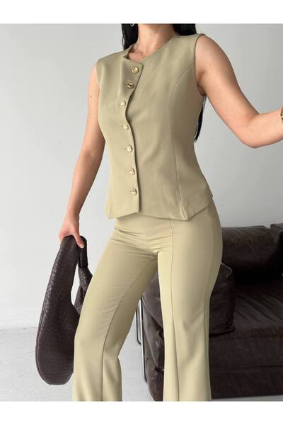 buqre's moda Women's Double Suit with Slit Cuffs, Buttoned Vest and Trousers,...