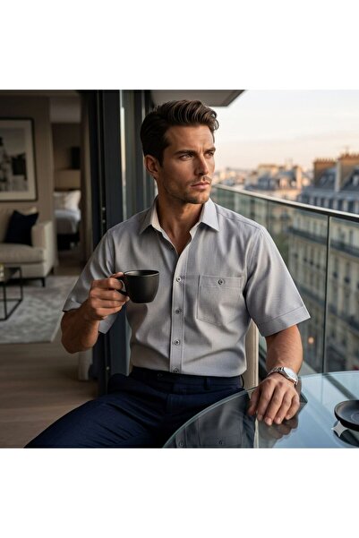 GÖMLEK GALERİSİ Men's Classic Wide Cut Plain Short Sleeve Cotton Shirt