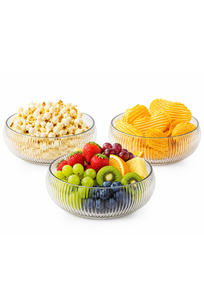 Aşkana Set of 3 Glass Bowls, 14 Cm, Striped Decorative Glass Bowl, Fruit Bowl...