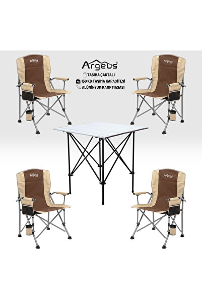 ARGEUS 4 Adet Katlanır Kamp Sandalyesi ve Alüminyum Masa Seti - Rustic Silver...