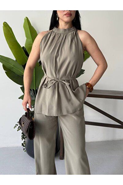 buqre's moda Women's Modal Halter Neck Gathered Belted Loose Two-Piece Set