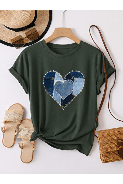 Trend Sizde Tricou unisex verde cu imprimeu Denim, cu gâtul tip crewneck