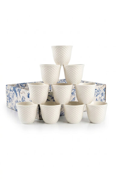 Generic Arabic Gahwa Coffee Cups Set 12 Pieces — White Porcelain Diamond Patt...