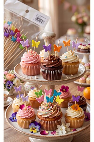 RED KİTCHEN Renkli Kelebek Figürlü Pasta ve Cupcake Kürdanı - 20’li Paket - P...