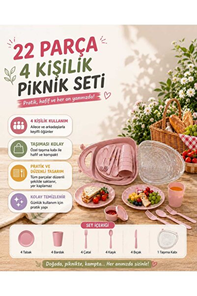 zemihra Özel Tasarım Çentik Tabaklı 22 Parça Taşıma Çantalı Piknik Seti 4 Kiş...