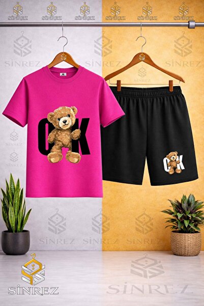 SİNREZ Tricou imprimat pentru copii AYICIK OK BLACK - Set pantaloni scurți
