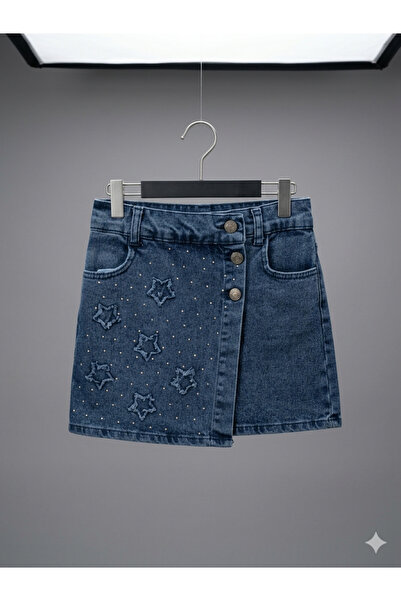 MODA AÇELYA Kız Çocuk Taşlı Yıldız Desenli Denim Şort Etek