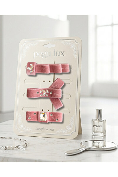 pegu baby collection Set de 3 agrafe de păr din catifea roz LUX, cu piatră, p...