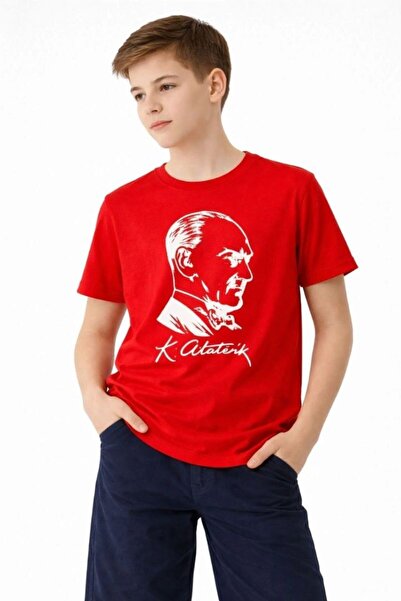 Generic Brand Boy's Ataturk Printed T-Shirt Short Sleeve Crew Neck T-Shirt - Red