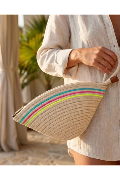 SHINELUC Handmade Renk Şerit Detaylı Krem Hasır Clutch El ve Makyaj Çantası