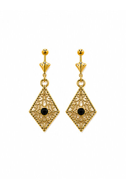 TuQos Gold Color Black Stone Detailed Authentic Dangle Earrings Vintage Patte...