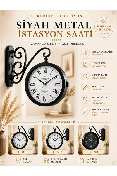 KOLAYEV Siyah Metal Çift Taraflı İstasyon Saati 36x25 Cm Sessiz Mekanizma Duv...