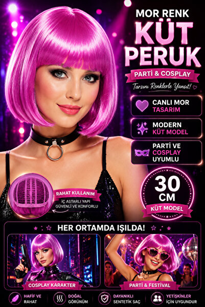 Tamsena Store Mor Renk Küt Peruk Kadın Parti Cosplay Kostüm Peruğu Kısa Düz B...