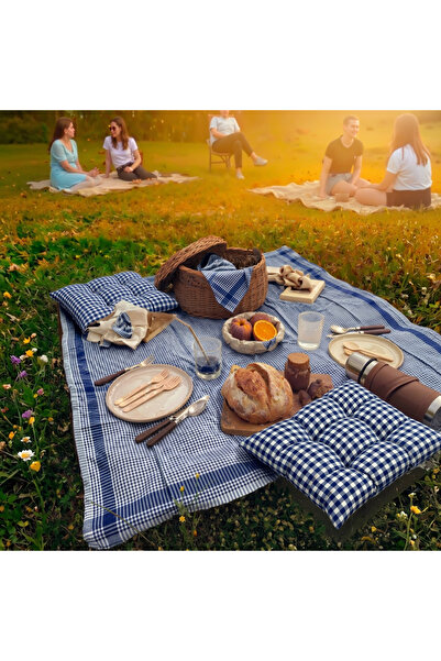 SUNDOKU HOME Kare Desenli Piknik Seti 2 Adet 40x40 cm Minder + 170X170 cm Pik...