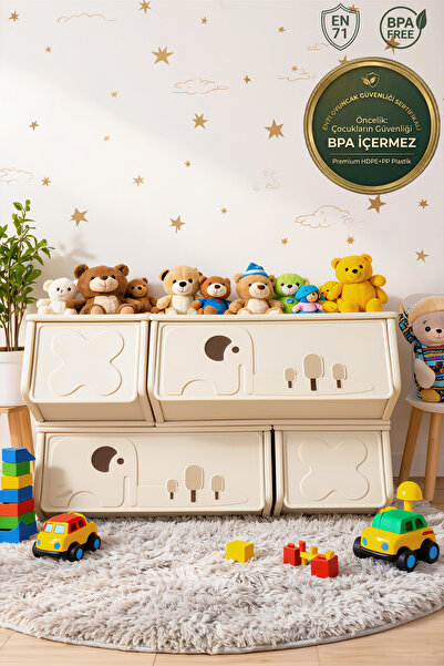 CREALISOL Montimodüler Fil Figürlü Sürgülü Kapaklı Montessori Oyuncak Dolabı ...
