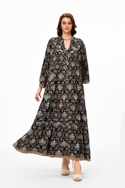 RARA Cotton Bawal Dress with Chest Tie and Fringe on the Sleeves - Black