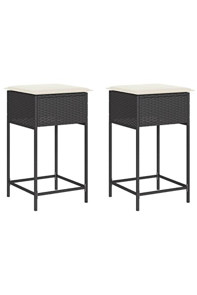 vidaxl Garden bar stools with cushions, 2 pcs, black, poly rattan