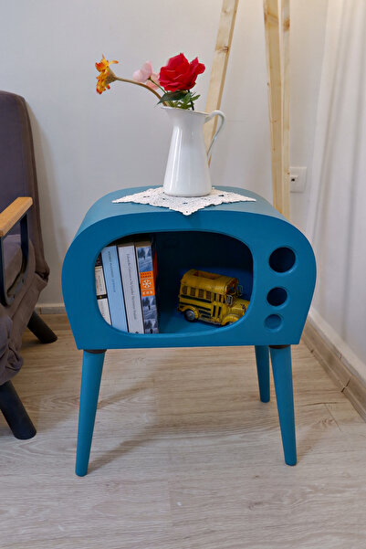 huncar Vintage TV Görünümlü Ahşap Yan Sehpa El İşçiliği Turquoise
