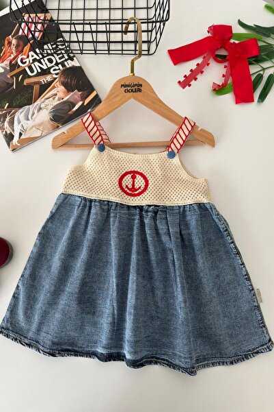 Minigimin Cicileri My Little One's Soft Denim Dress with Sailor Knit Detail f...