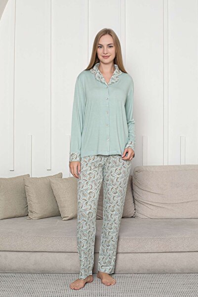 ALİMER Front Buttoned Women's Pajama Set - Water Green Long Sleeve Lycra Rink...