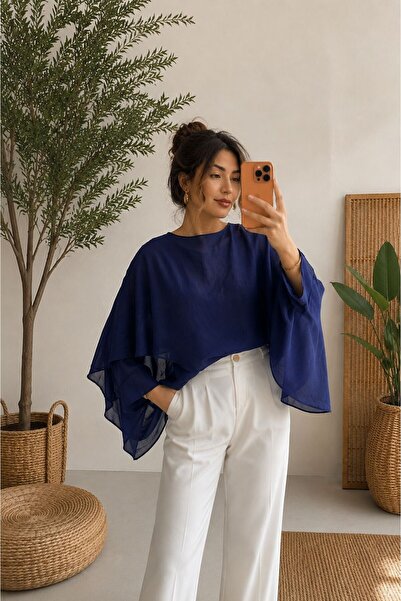 legends butik Kadın Yarasa Kol Keten Görünümlü Bluz – Oversize Kesim