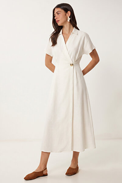 Lovelyİstanbul Rochie de vară din in cu accesorii aurii LGX0010 ECRU