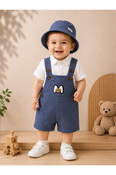 Nehad Bebe Baby Boy Linen Salopet Set with Hat, 3-Piece Summer Baby Set, Styl...