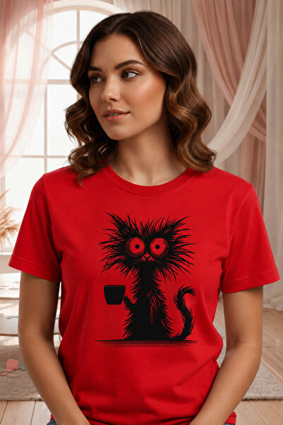 VODEXA Tricou oversize unisex cu imprimeu CAT DRINKING COFFEE, 100% bumbac, c...