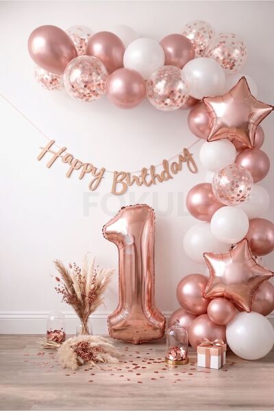 FOKUL Rose Gold Balon Seti 1 Yaş Doğum Günü Parti Seti Happy Birthday Yazı - ...
