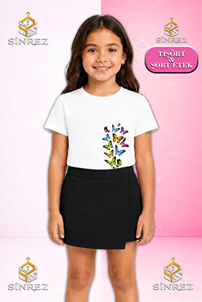 SİNREZ Girl's Set Multi Butterfly Soleni Printed Short Sleeve T-Shirt Shorts ...